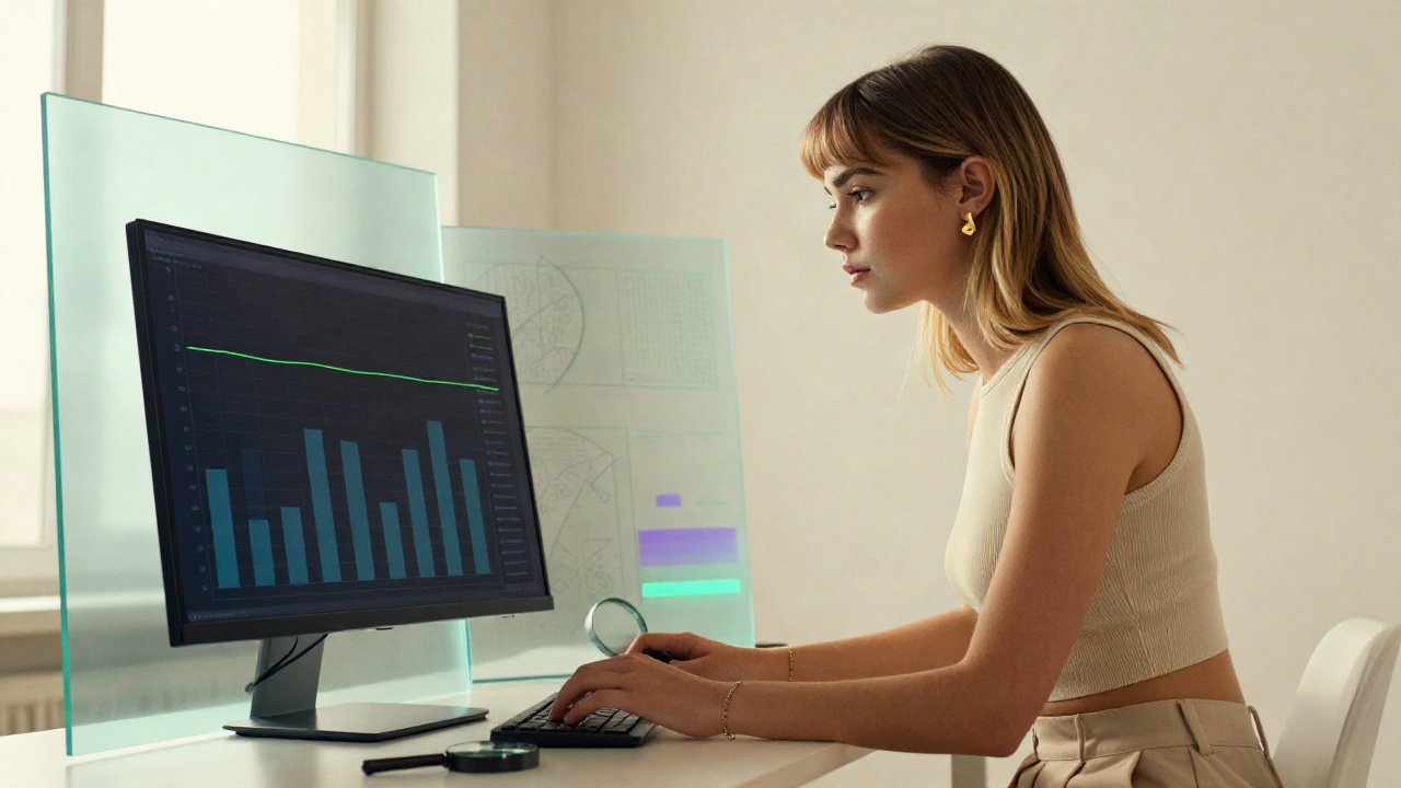 Validator Uptime Dashboard Illusion Analyst examining a validator uptime dashboard with hidden data layers visible behind the screen
